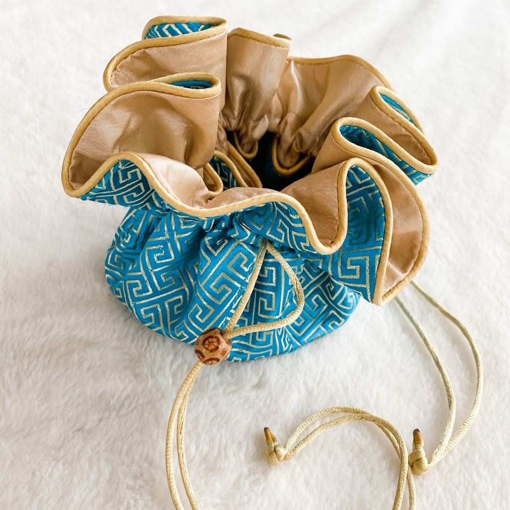 Silk Brocade Jewelry Holder in Teal and Gold